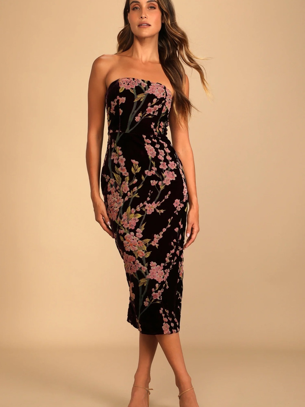 Lulu's Strapless Black Velvet Midi Dress with Pink Floral Embroidery